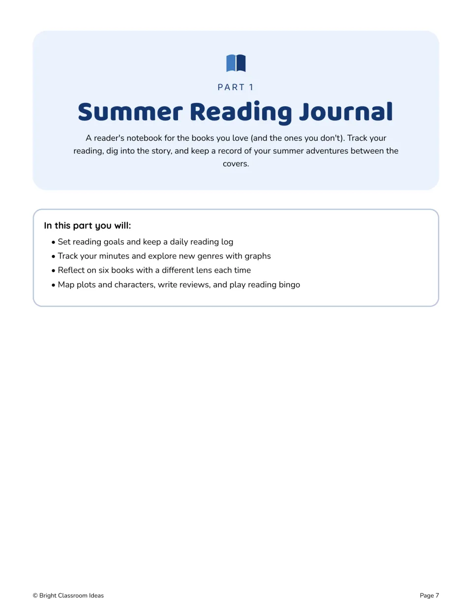 Part 1 reading journal introduction previews logs, genre tracking, six book reflections, and plot and character maps