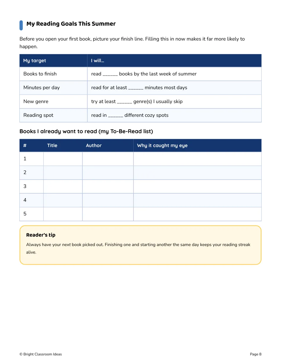 Reading journal goal page sets targets for books, daily minutes, new genres, and reading spots, plus a book list