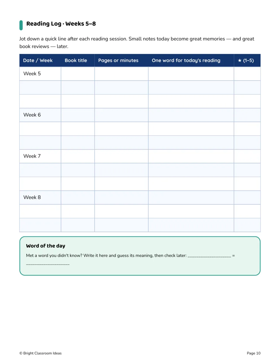 Reading journal log for weeks 5–8 records titles, pages or minutes, one-word reactions, ratings, and a new word