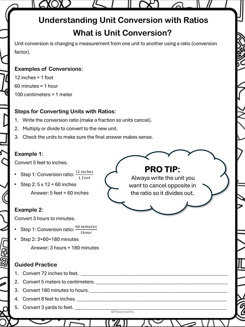 Unit conversion notes: definition, three ratio steps, worked feet-to-inches and hours-to-minutes examples, 5 practice items