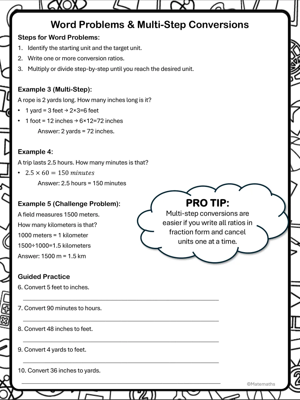 Multi-step conversion word problems: steps, rope, trip and field examples, then 5 guided practice conversions to solve