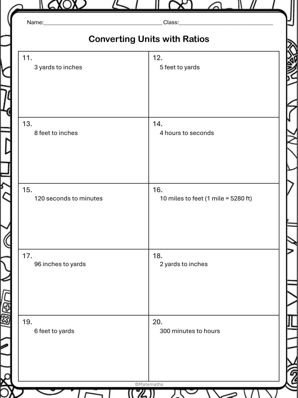 Unit conversion practice items 11 to 20: students convert yards, feet, inches, hours, seconds and 10 miles to feet