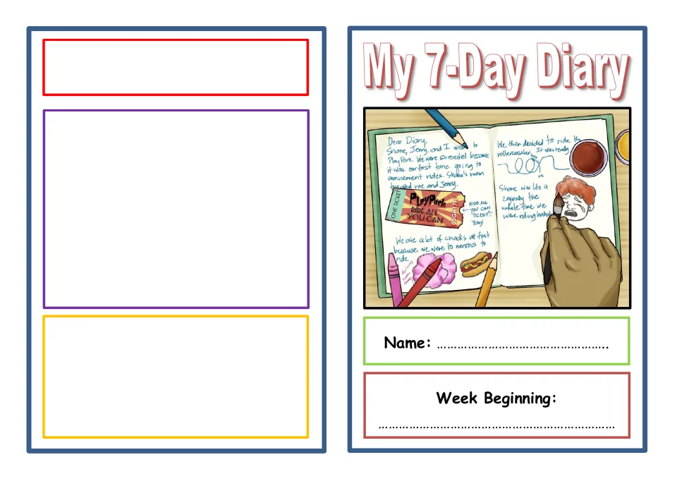 My 7-Day Diary cover: illustrated diary entry about a trip to Play Park, with spaces for student name and week beginning