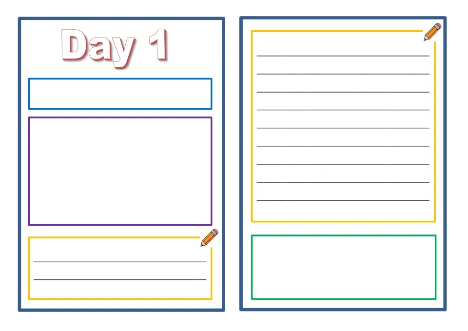 Day 1 diary spread: students write a title for the day, draw a picture of it and write a personal recount of what happened