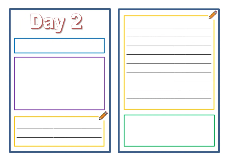Day 2 diary spread: students give the day a title, sketch its main event and write about it in full sentences