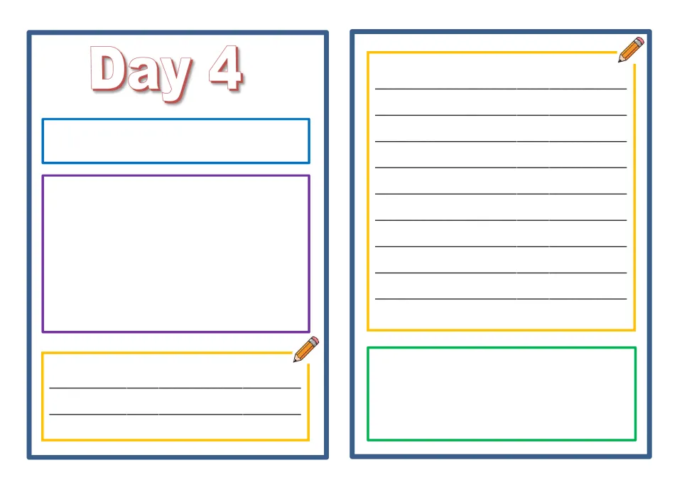 Day 4 diary spread: students headline the day, draw what they did and write a first-person account of their experiences