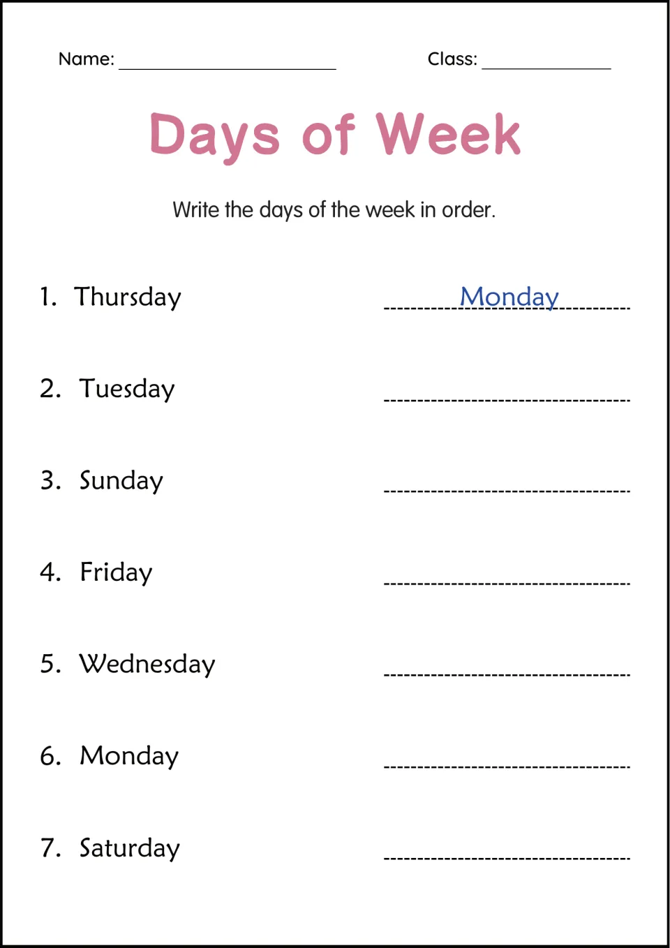 Days of the week in order: students rewrite seven mixed-up day names in sequence, starting with Monday as the example