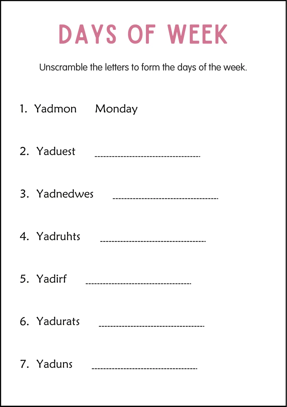 Days of the week word scramble: students unscramble seven jumbled words such as Yaduest and Yadirf to spell each day