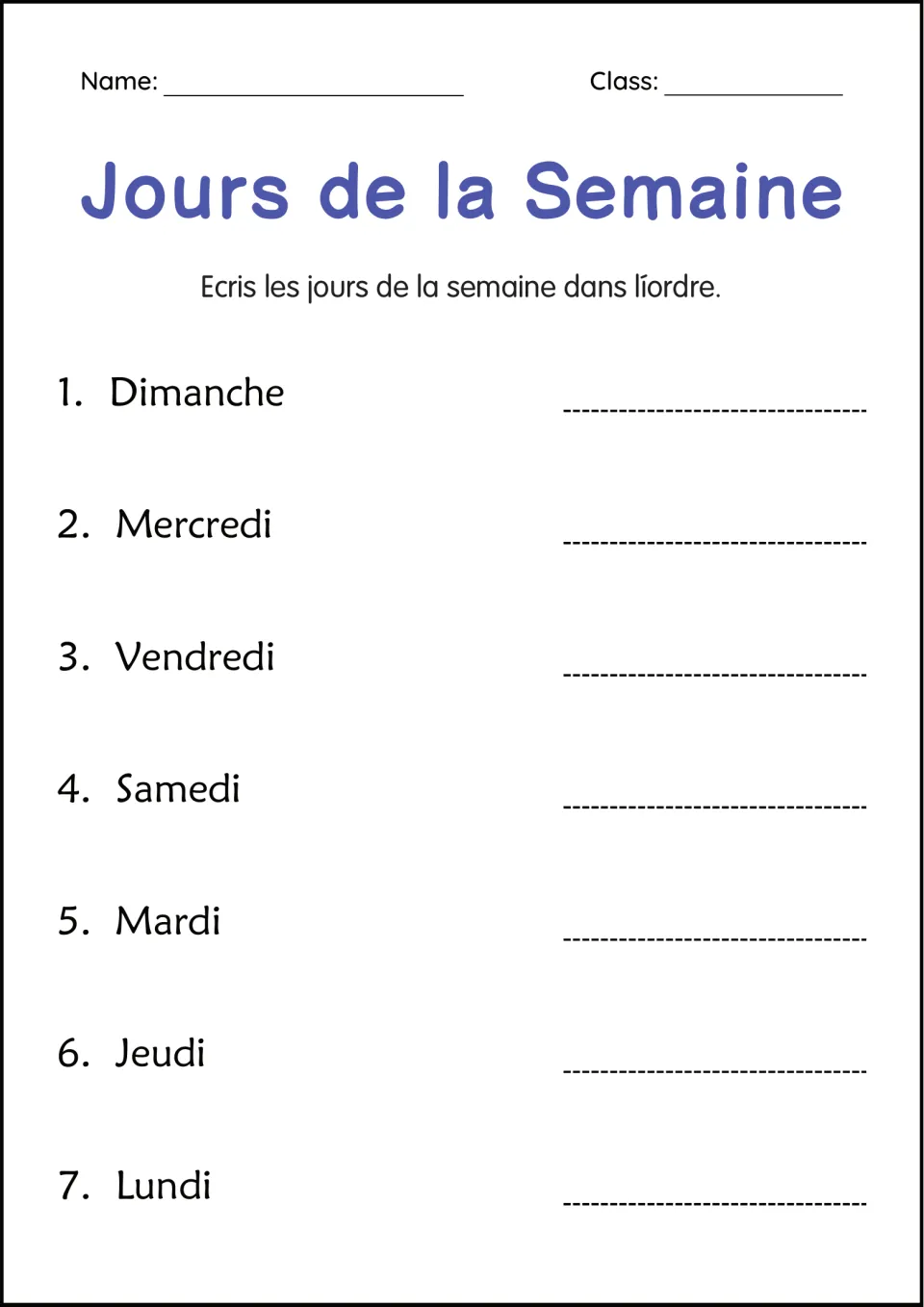 French weekday sequencing worksheet: reorder dimanche (Sunday), mercredi (Wednesday), and five other days.