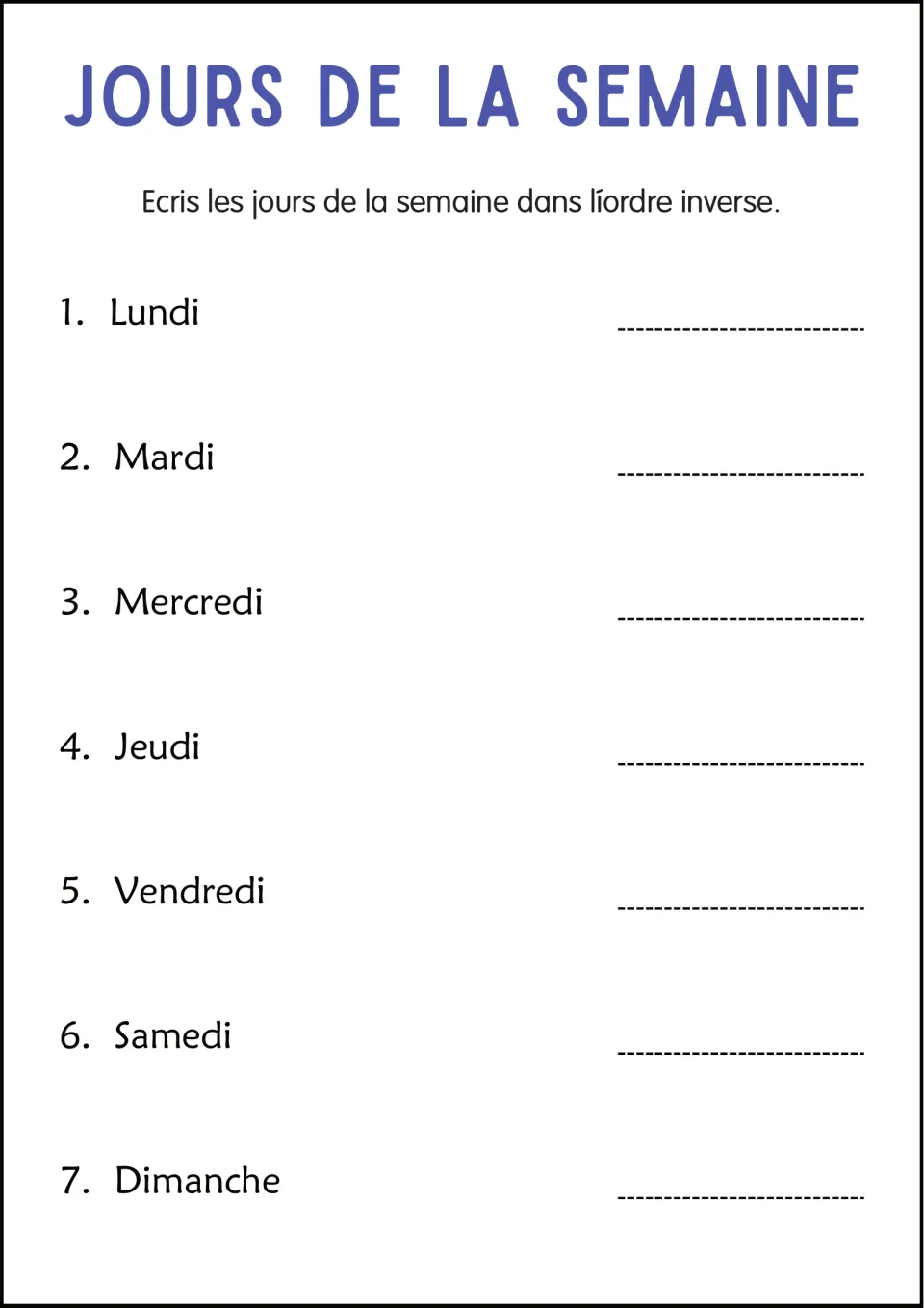 French reverse sequencing worksheet: write the seven weekdays, lundi (Monday) to dimanche (Sunday), backward.
