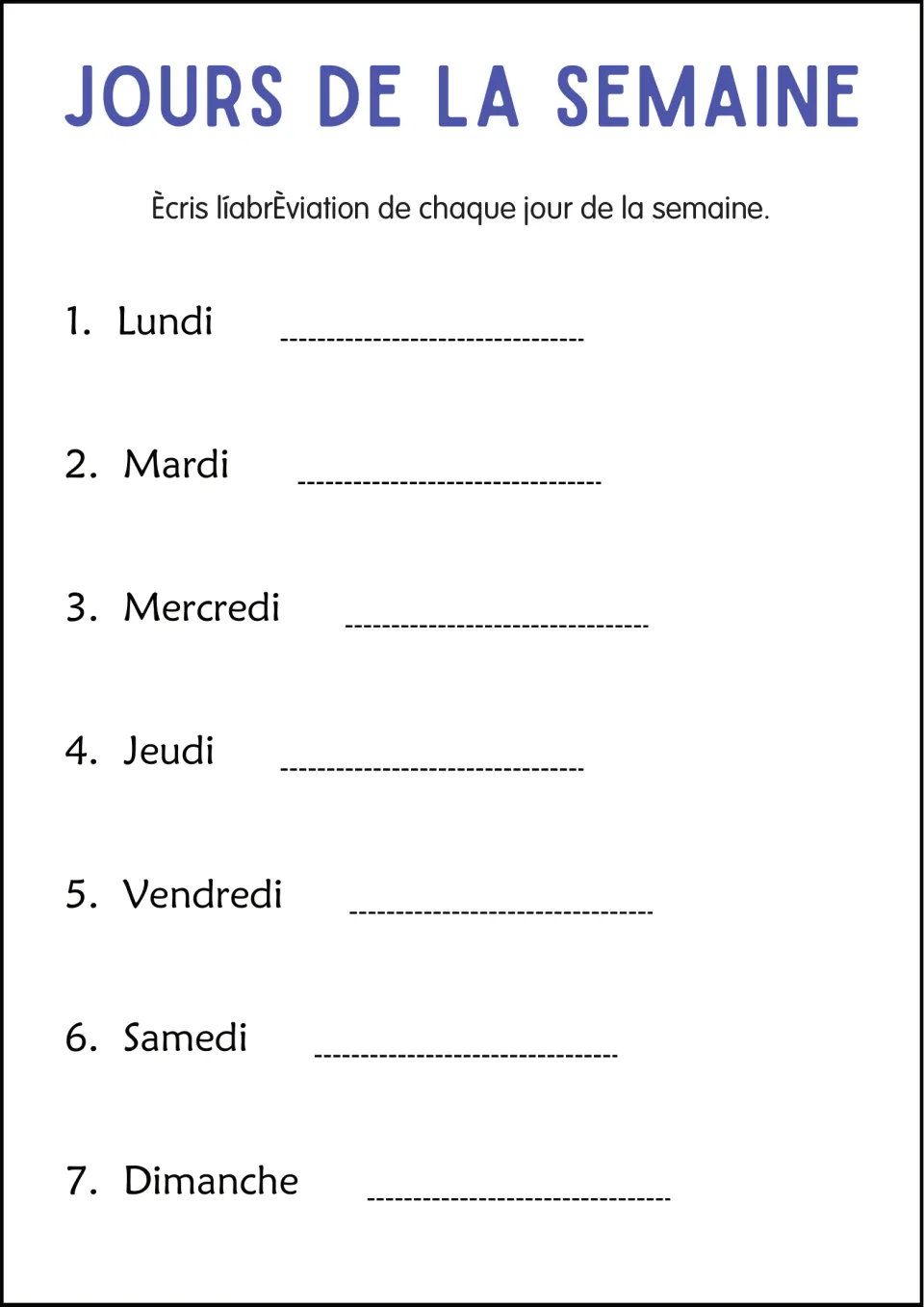French weekday abbreviation worksheet: shorten each day's name, from lundi (Monday) to dimanche (Sunday).