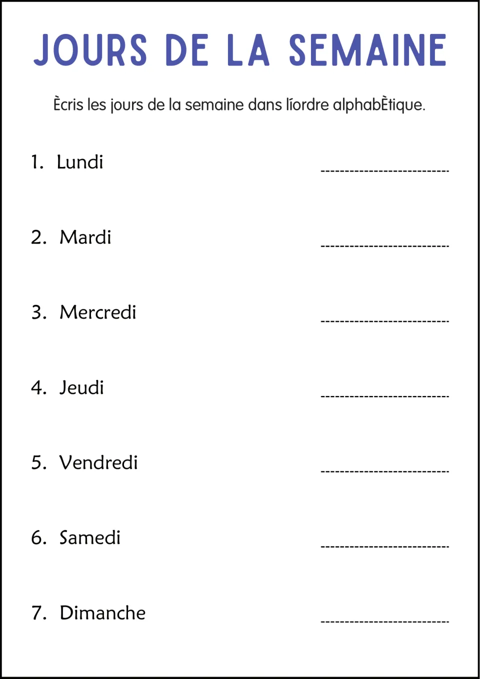 French alphabetizing worksheet: arrange the seven weekday names, including lundi (Monday), alphabetically.