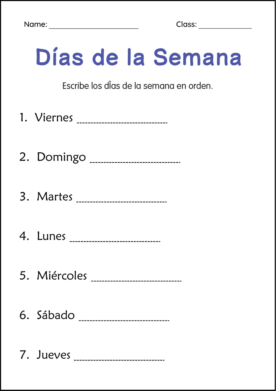 Spanish weekday sequencing worksheet: put viernes (Friday), domingo (Sunday), and five more days in order.
