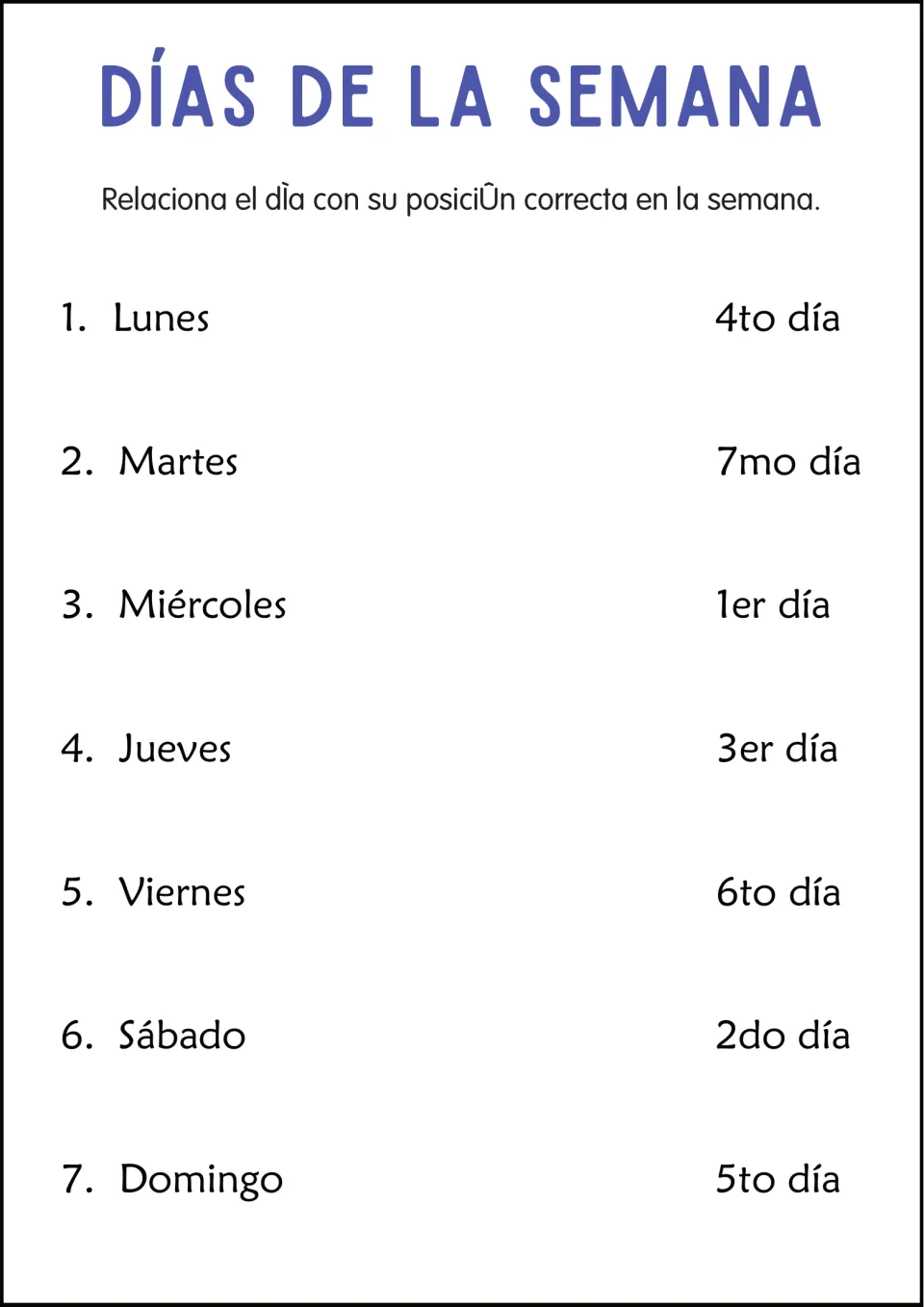 Spanish weekday matching worksheet: connect lunes (Monday) through domingo (Sunday) to positions 1–7.