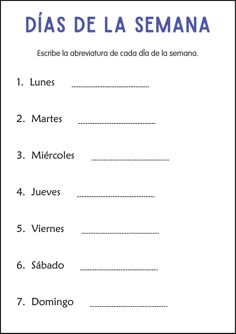Spanish weekday abbreviation worksheet: shorten lunes (Monday), martes (Tuesday), and five more day names.