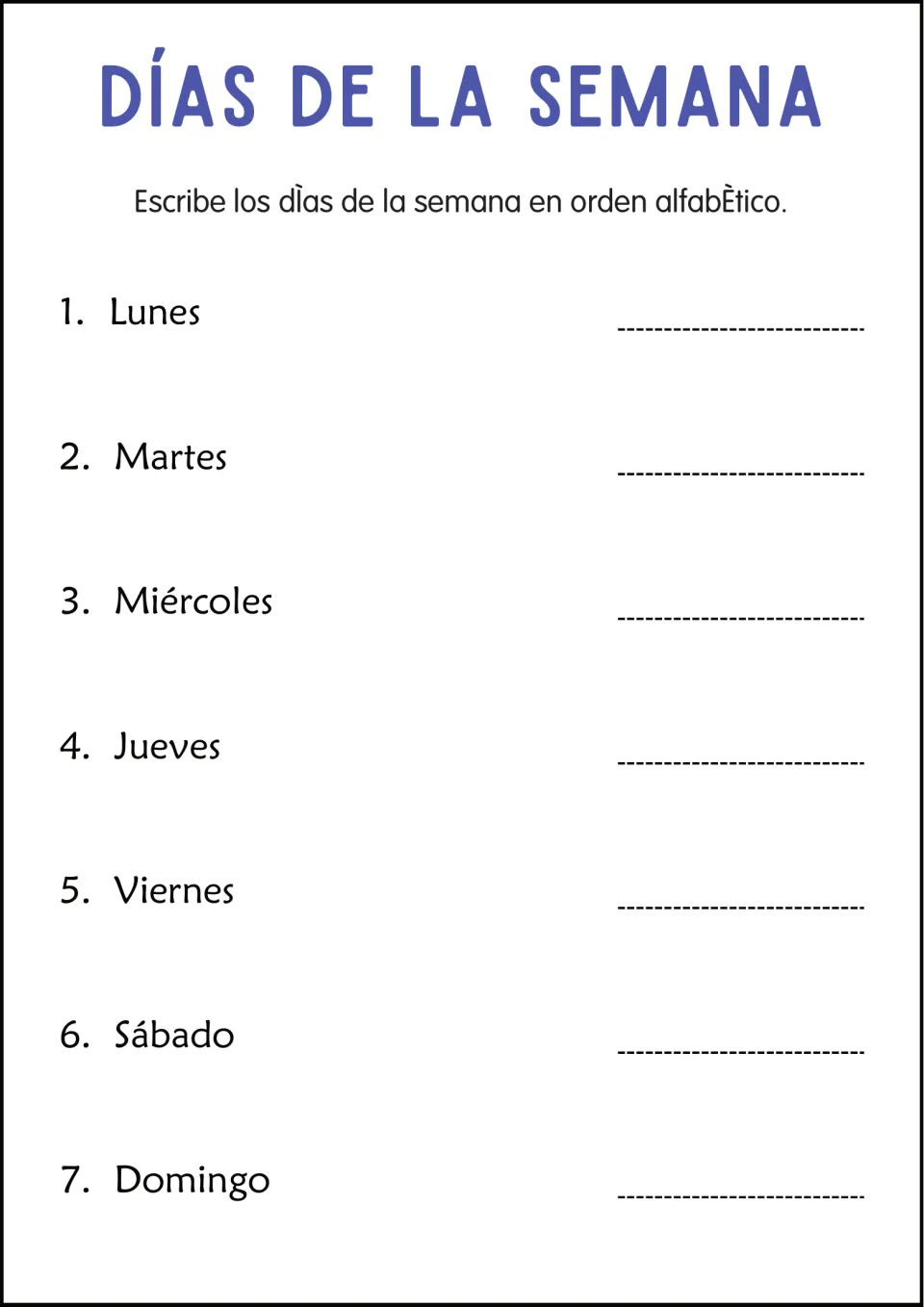 Spanish weekday alphabetizing worksheet: put lunes (Monday), martes (Tuesday), and five more days in ABC order.