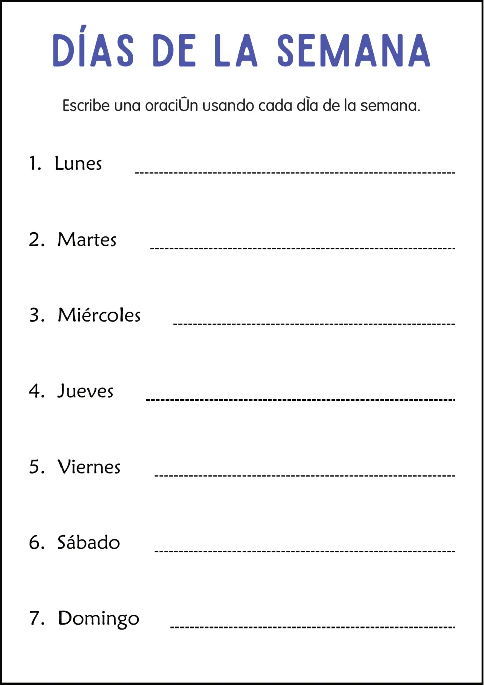 Spanish weekday sentence worksheet: write a sentence for each day from lunes (Monday) to domingo (Sunday).