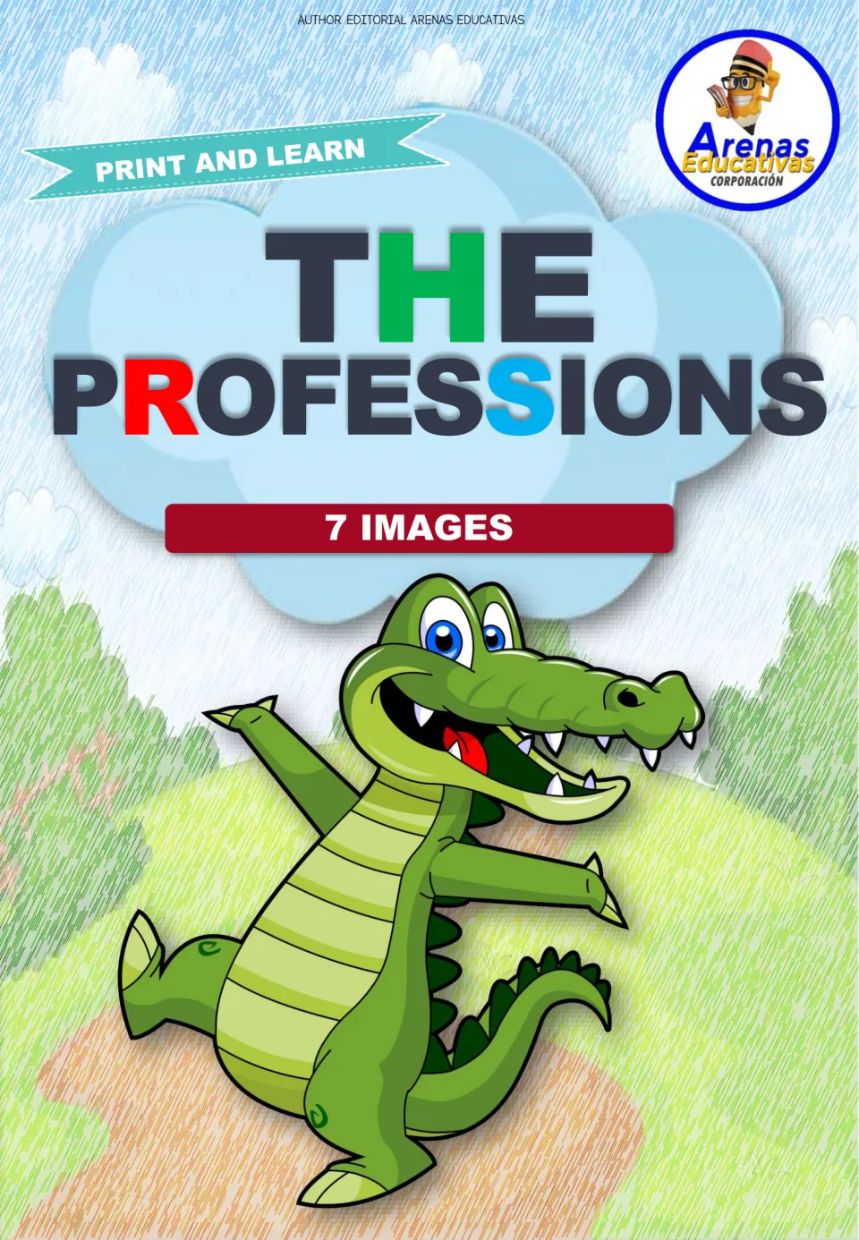 Cover of The Professions coloring resource, labeled 'Print and Learn' and '7 Images' by Arenas Educativas