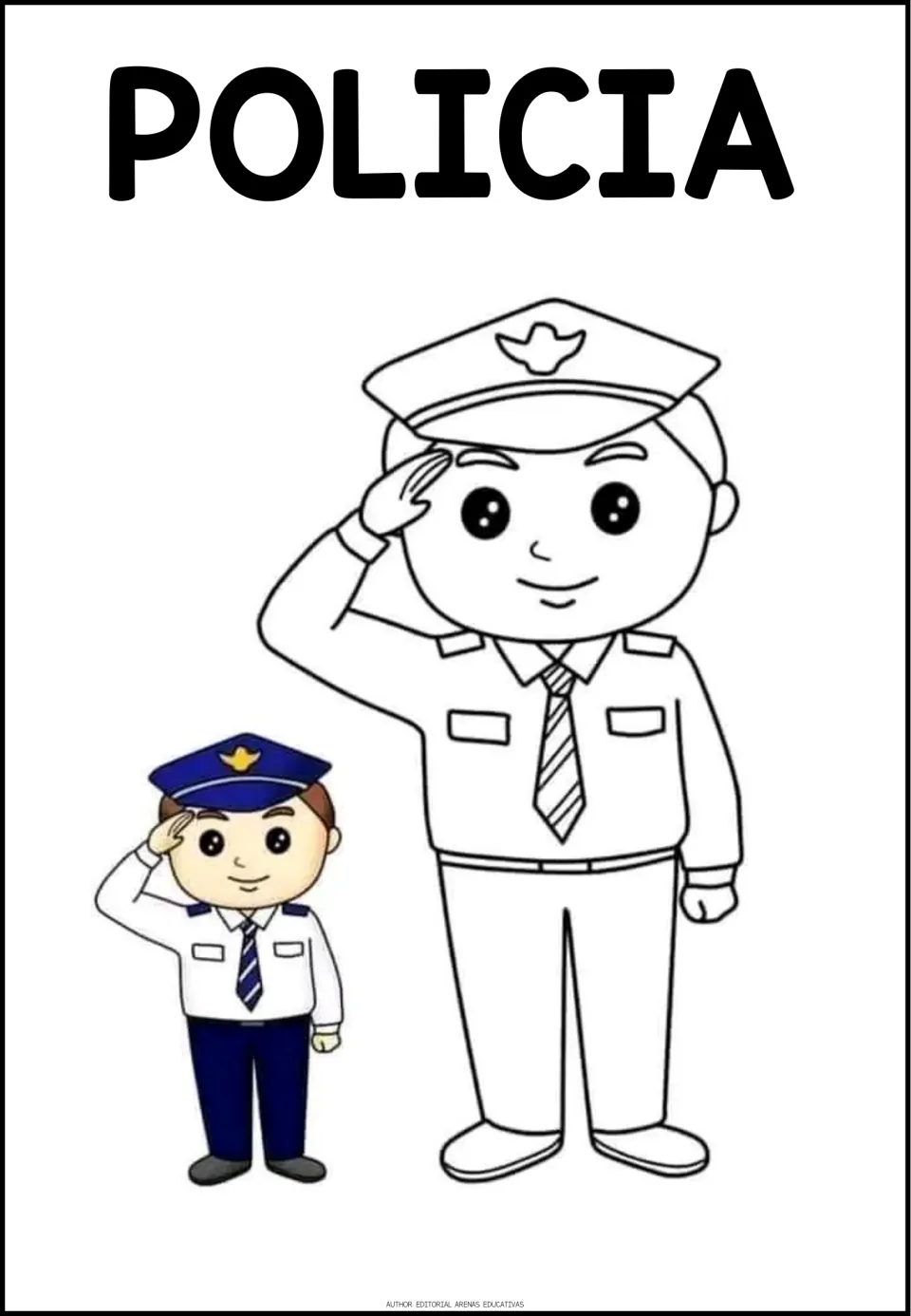 Profession coloring sheet labeled POLICIA (police officer), showing a saluting officer and a colored example