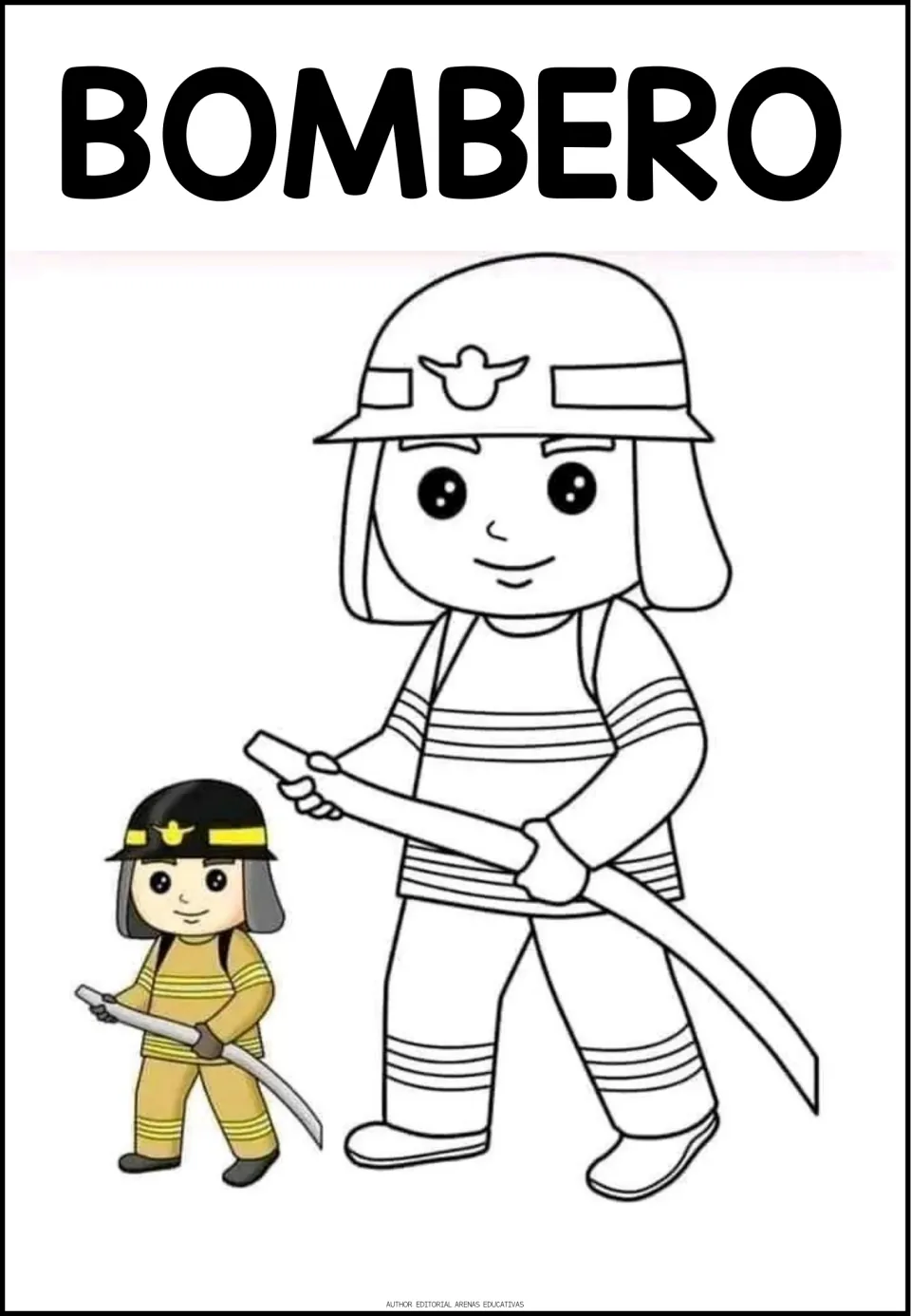 Profession coloring sheet labeled BOMBERO (firefighter), showing a firefighter holding a hose and a colored example