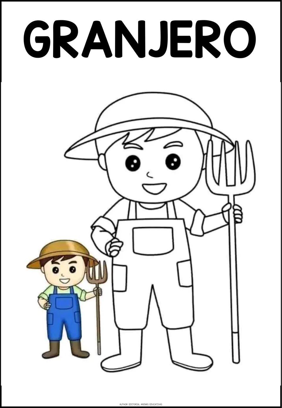 Profession coloring sheet labeled GRANJERO (farmer), showing a farmer holding a pitchfork and a colored example