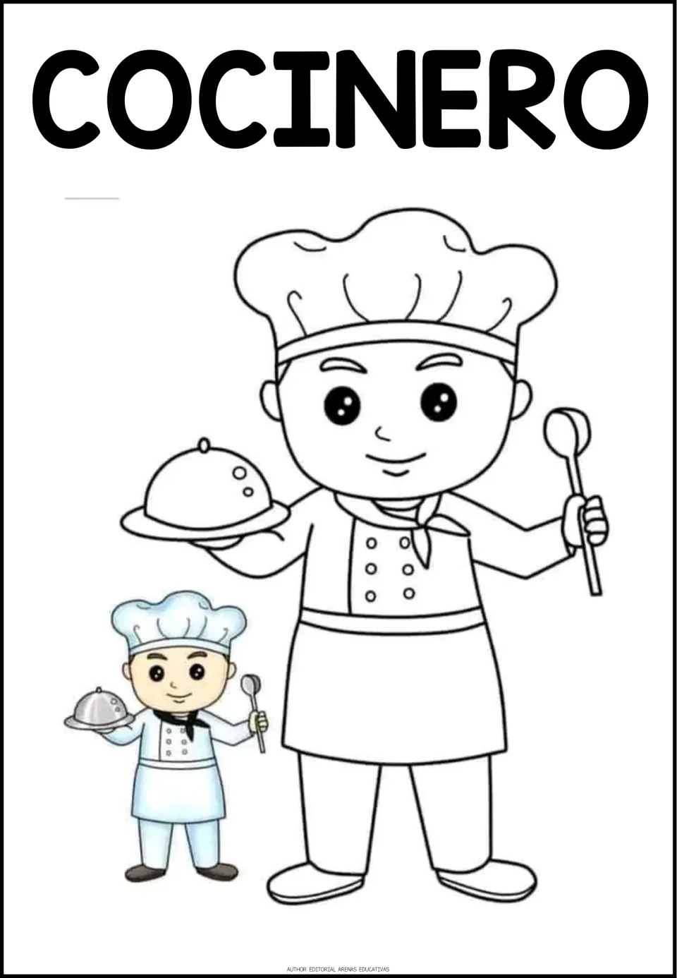 Profession coloring sheet labeled COCINERO (cook), showing a cook holding a covered dish and a colored example