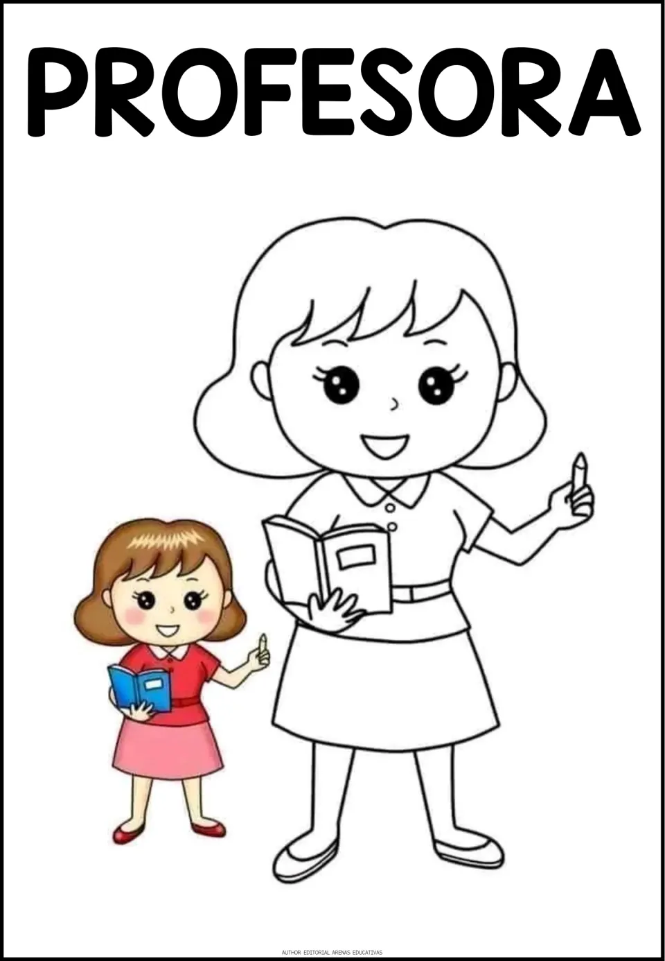 Profession coloring sheet labeled PROFESORA (teacher), showing a teacher holding a book and a colored example