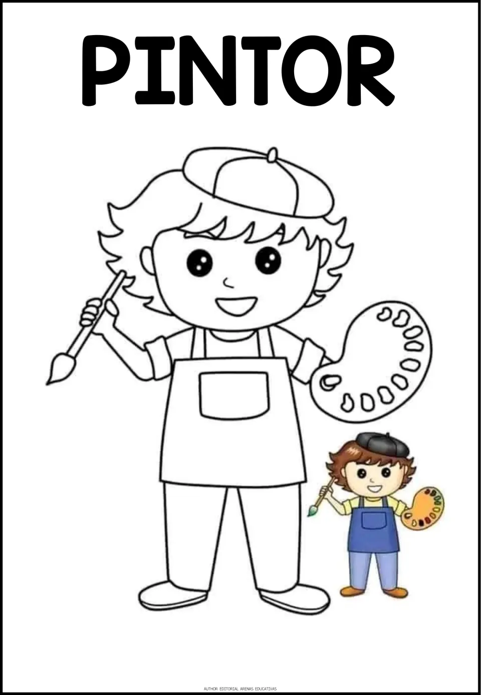 Profession coloring sheet labeled PINTOR (painter), showing a painter with a brush, palette, and colored example