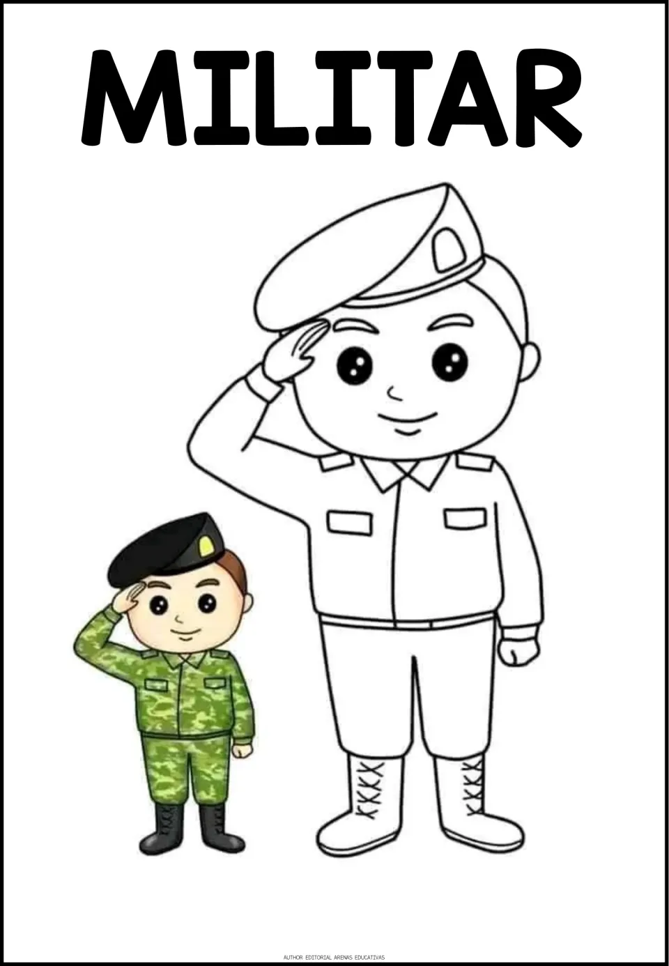 Profession coloring sheet labeled MILITAR (military member), showing a saluting soldier and a colored example