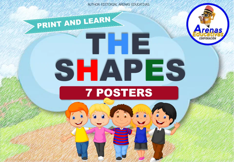 Cover of the Spanish shape poster set, with the headings 'PRINT AND LEARN', 'THE SHAPES', and '7 POSTERS'