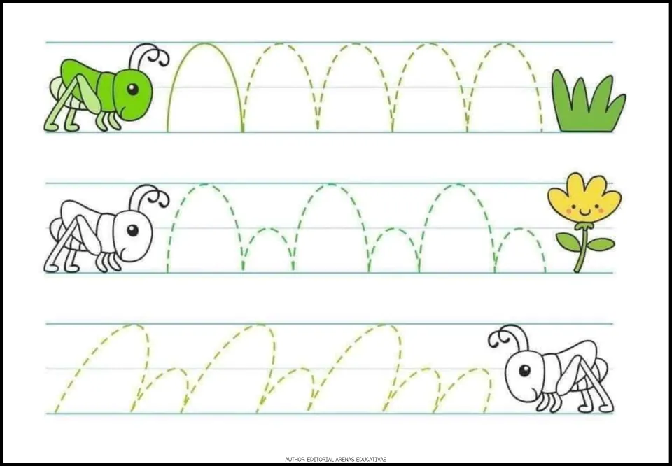 Tracing worksheet 1 of 7: repeated arches, alternating tall and short arches, and slanted curved strokes