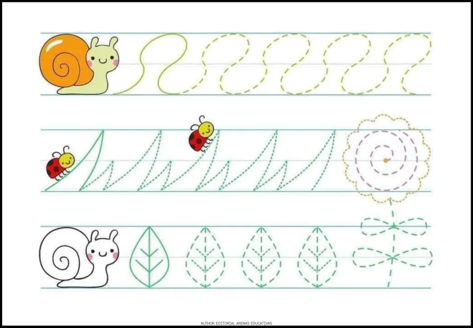 Tracing worksheet 3 of 7: winding curves, pointed curves, leaf shapes, and a flower with a spiral center