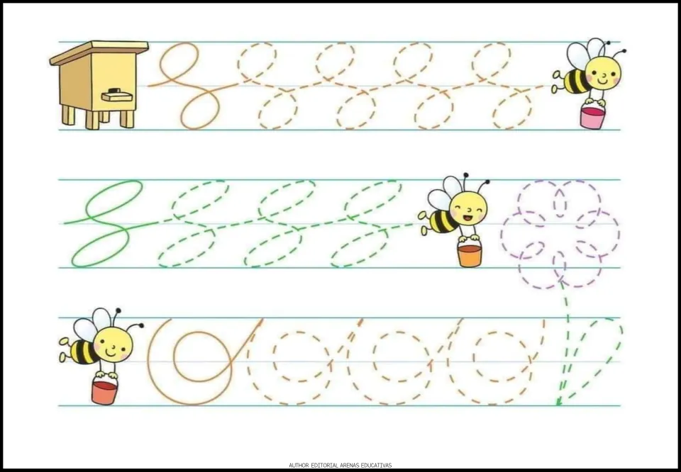 Tracing worksheet 5 of 7: paired upper and lower loops, rounded looping strokes, and a flower to trace
