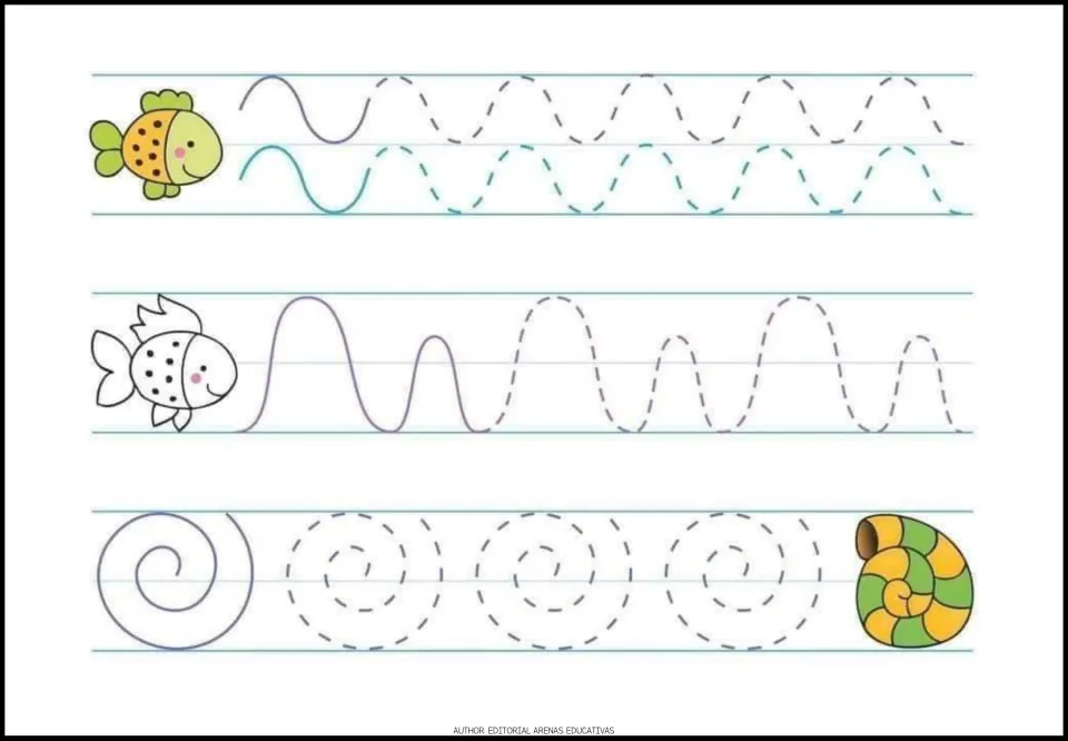 Tracing worksheet 6 of 7: repeating waves, alternating tall and short rounded peaks, and spiral paths