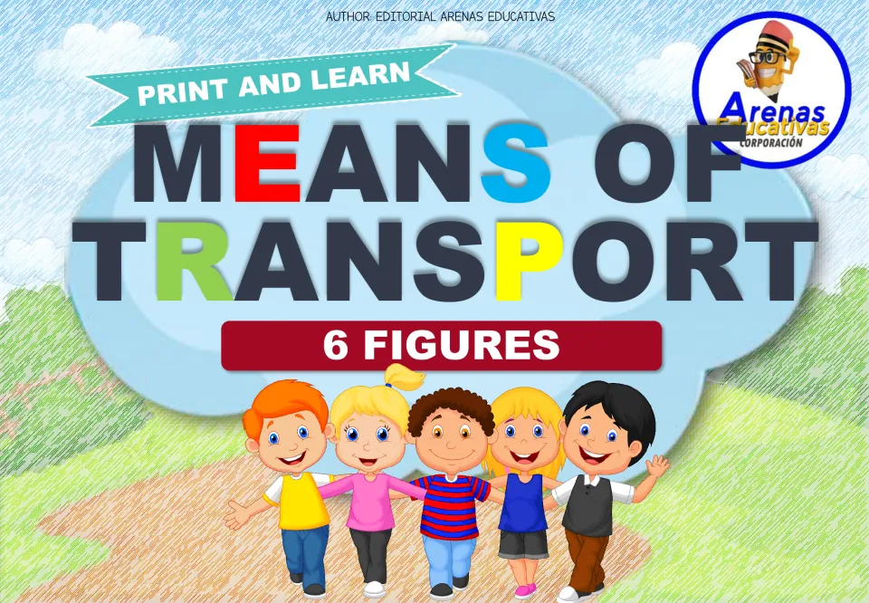 Transportation coloring resource cover with the headings 'Print and Learn' and '6 Figures' above five children