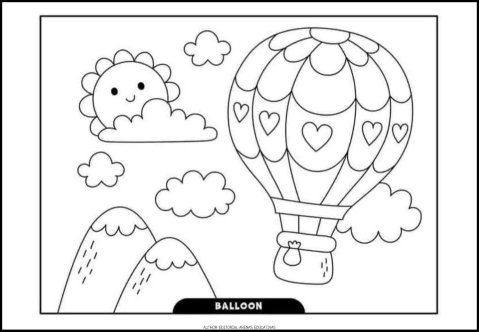 Transportation coloring picture 1 of 6: a hot air balloon above mountains, with clouds and the label 'Balloon'