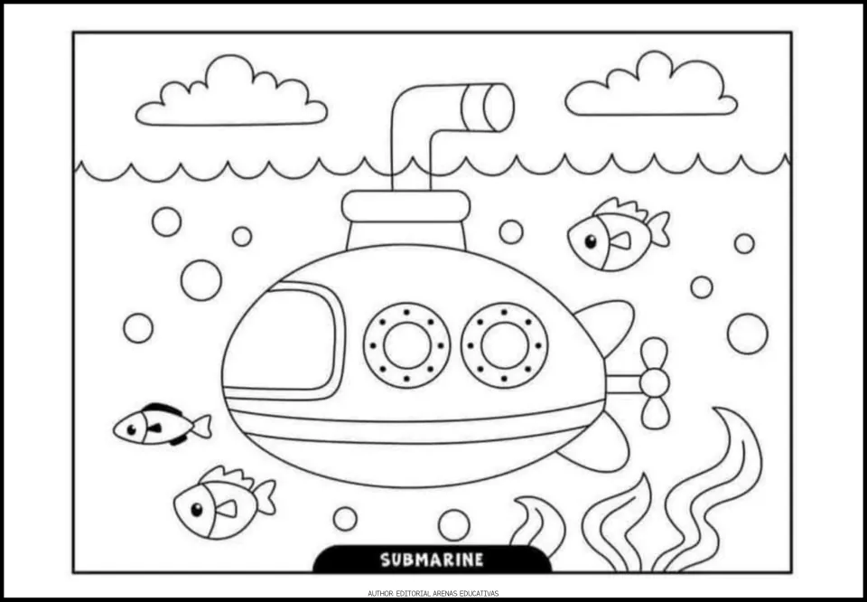 Transportation coloring picture 2 of 6: a submarine underwater among fish and bubbles, labeled 'Submarine'