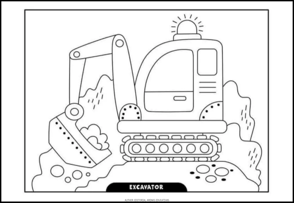 Transportation coloring picture 3 of 6: a tracked excavator digging into the ground, labeled 'Excavator'