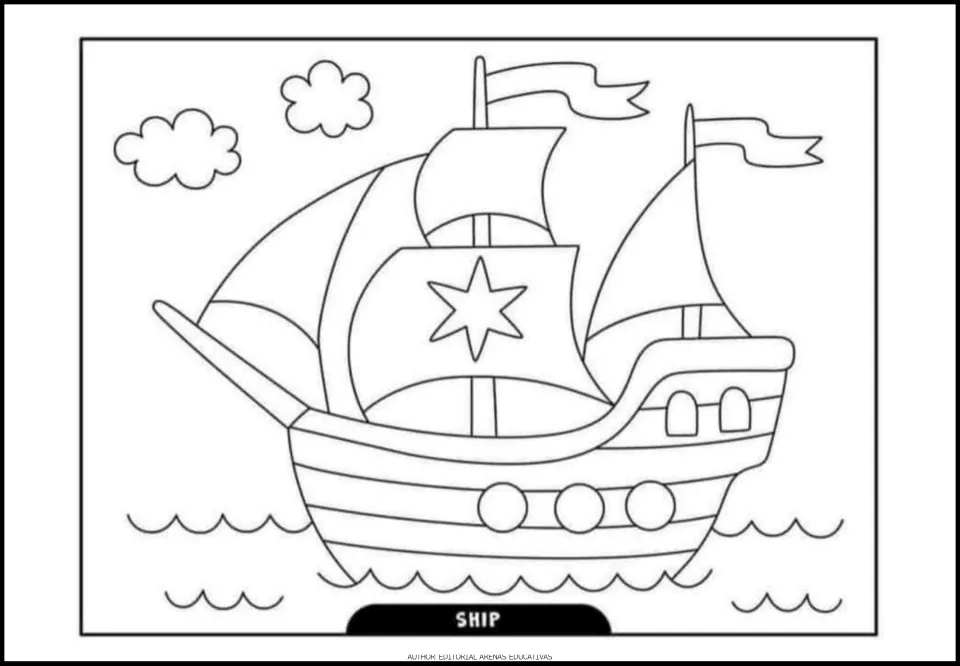 Transportation coloring picture 4 of 6: a sailing ship with sails and flags floating on waves, labeled 'Ship'