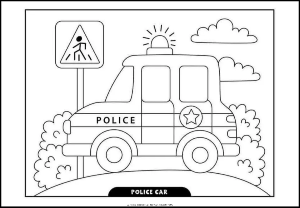 Transportation coloring picture 5 of 6: a police car beside a pedestrian crossing sign, labeled 'Police Car'