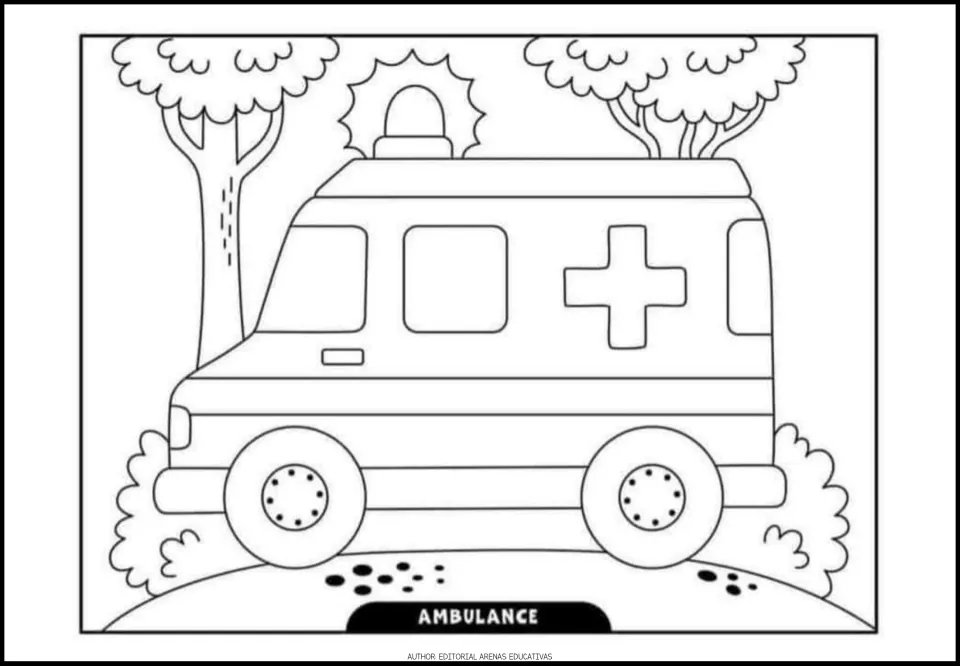 Transportation coloring picture 6 of 6: an ambulance with a cross and roof light near trees, labeled 'Ambulance'