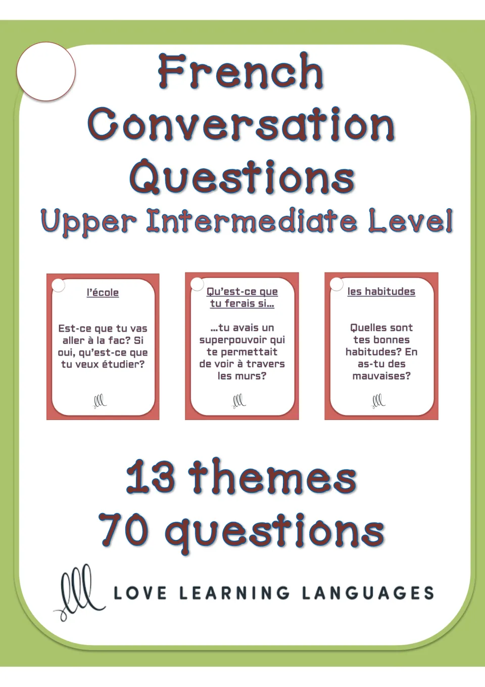 French conversation card set cover stating upper-intermediate level, 13 themes, and 70 questions