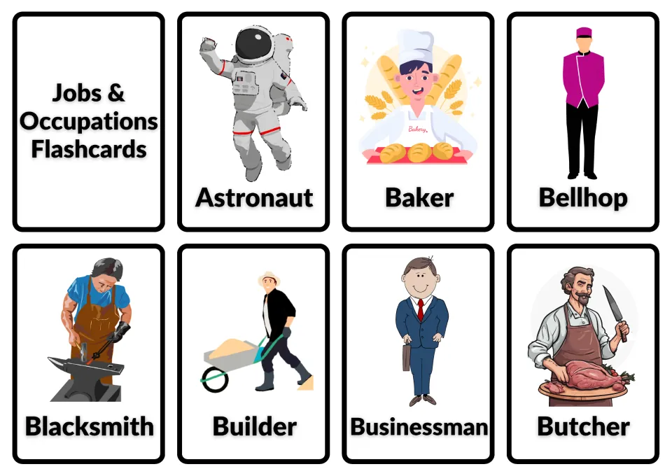 Jobs flashcards title card plus picture-word cards: astronaut, baker, bellhop, blacksmith, builder, businessman, butcher