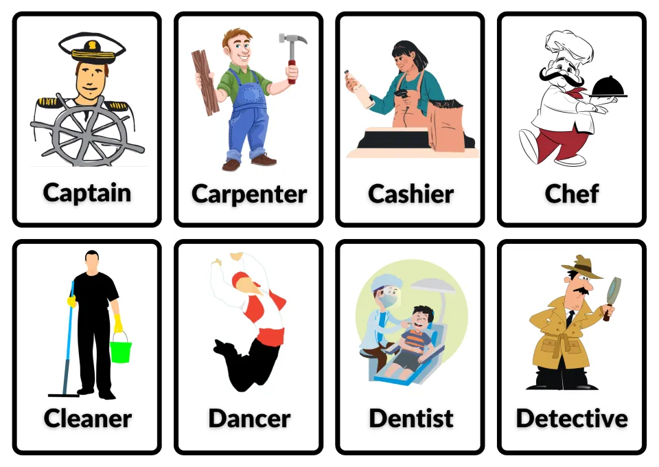 Job vocabulary picture cards: captain, carpenter, cashier, chef, cleaner, dancer, dentist and detective, each with its word