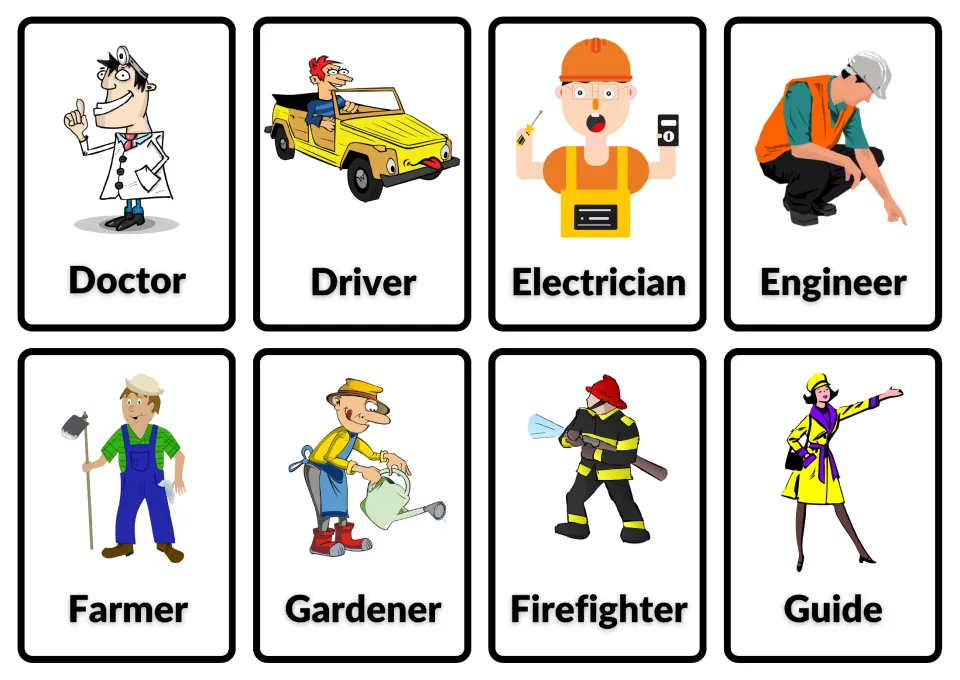 Occupation picture cards for doctor, driver, electrician, engineer, farmer, gardener, firefighter and guide with labels