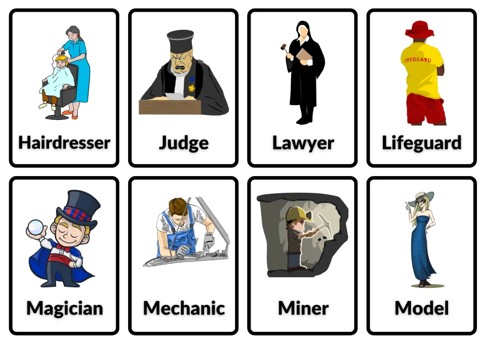 Job word cards with pictures: hairdresser, judge, lawyer, lifeguard, magician, mechanic, miner and model for vocabulary