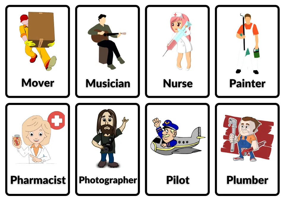 Occupation flashcards showing a mover, musician, nurse, painter, pharmacist, photographer, pilot and plumber, each named