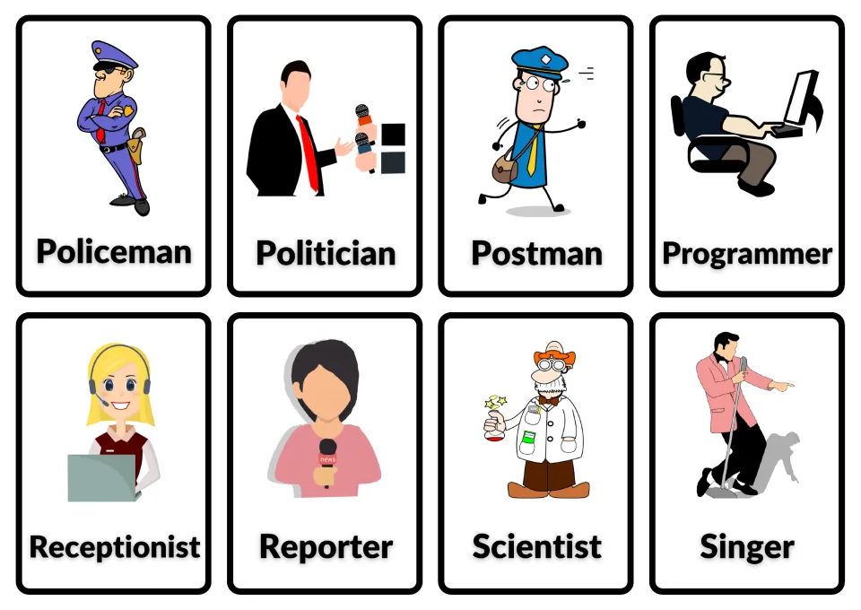 Job vocabulary cards: policeman, politician, postman, programmer, receptionist, reporter, scientist and singer pictured