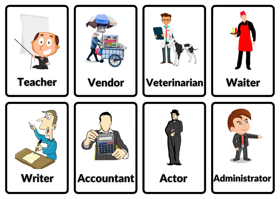 Occupation picture-word cards for teacher, vendor, veterinarian, waiter, writer, accountant, actor and administrator