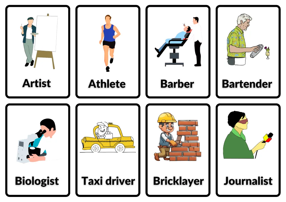 Job flashcards picturing an artist, athlete, barber, bartender, biologist, taxi driver, bricklayer and journalist